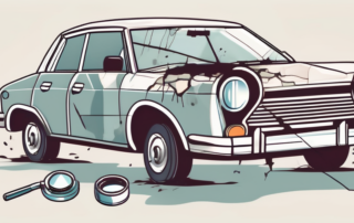 A damaged car with a magnifying glass hovering over it