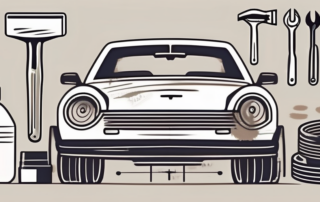 A car with visible scratches on its surface along with a variety of car repair tools like a buffer machine