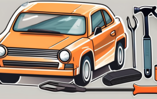 A plastic car bumper with visible cracks and a set of repair tools nearby