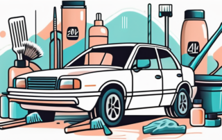 A car with various cleaning tools and products nearby