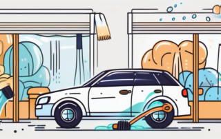 A car being washed with various car cleaning tools like a bucket