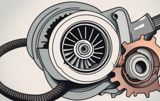 A broken turbocharger with various parts separated