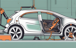 A car with visible minor damages being repaired by futuristic