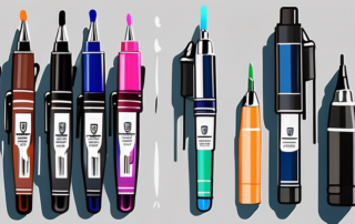 Various car paint pens displayed alongside a car with a small scratch