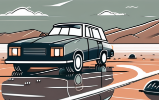 A car with visible hail damage under stormy skies