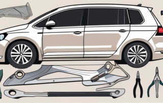 A disassembled vw touran fender with its individual parts spread out