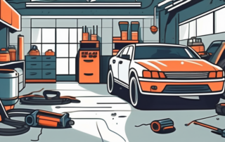 A car parked inside a well-equipped auto repair shop with tools and spare parts scattered around