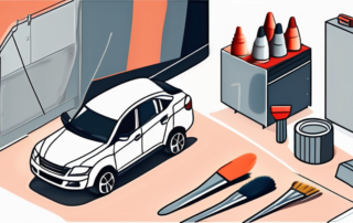 A car with visible paint chips and a set of repair tools like paint