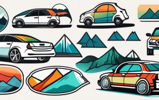 Various colorful and unique windshield stickers on a car's windshield