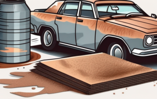 Various types of sandpaper next to a rusted car