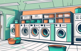 A vibrant and clean laundromat interior with various washing machines