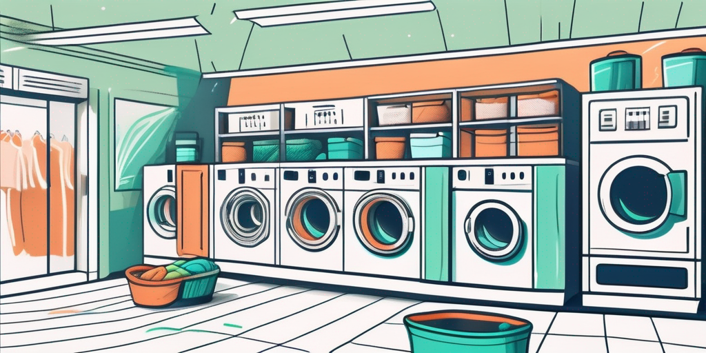 A vibrant and clean laundromat interior with various washing machines