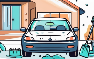 A variety of car cleaning tools like a bucket of soapy water