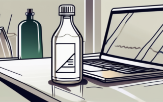 A bottle of isopropanol placed on a table with a computer in the background