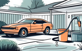 A backyard setting with a car being washed