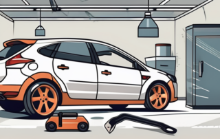 A car in a garage with a focus on its underbody