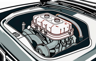 An open car hood with a highlighted brake fluid reservoir