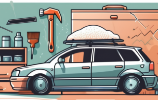 A car with visible hail damage on its roof and hood