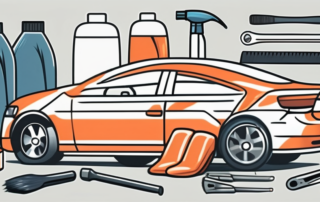 A car dashboard with a few scratches and a set of tools like a soft cloth