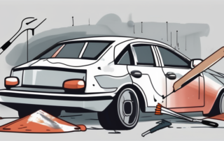 A car with visible large paint damages being repaired with paint and tools scattered around