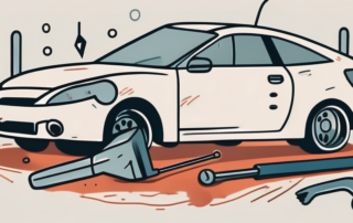 A dented car tank with various tools like a plunger