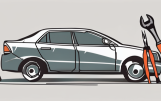 A dented car with tools like a hammer and pliers nearby