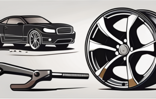 A set of car rims with various repair tools like wrenches