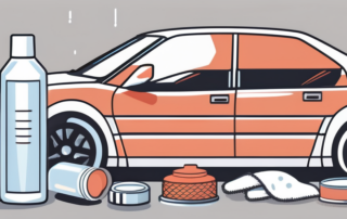 A matte-finished car with various car care products like wax