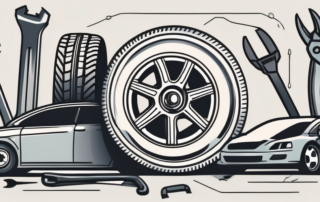 A car wheel with a visible dent