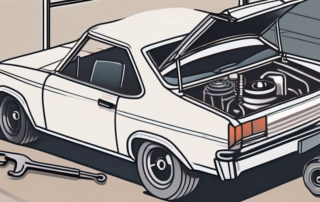 A car with a subtly cracked engine part and a small hidden tool next to it