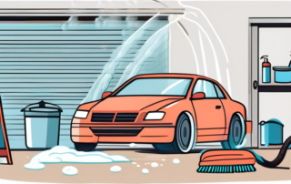 Various car washing tools such as a bucket filled with soapy water