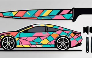 A car in the process of being wrapped with a colorful and patterned vinyl film