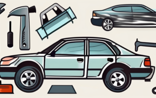 A car bumper repair kit with various tools and a damaged car bumper