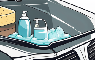 Various car cleaning products like a bucket filled with soapy water