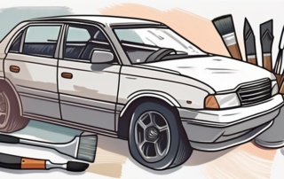 A car with visible paint chips and a set of repair tools like paint