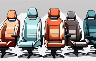 A variety of fabric car seats with different cleaning tools and products placed nearby