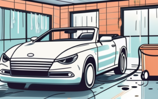 A convertible car going through a car wash with various cleaning tools and equipment