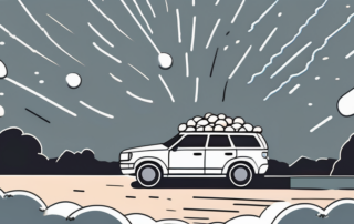 A car with visible hail damage under a stormy sky