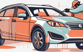 A car with visible paint damage being repaired with tools and paint