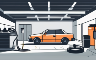 A car being spray painted in a well-ventilated garage