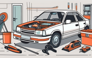 A car undergoing smart-repair with various tools and equipment highlighting the repair process