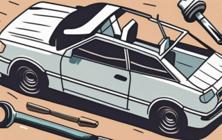 A car with a visible dent and various tools like a plunger