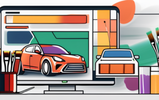 A computer monitor displaying a variety of car paint colors and a paintbrush hovering over it to symbolize the online ordering process