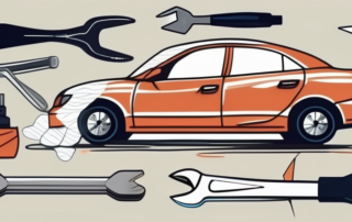 A car bumper with various repair tools like a hammer