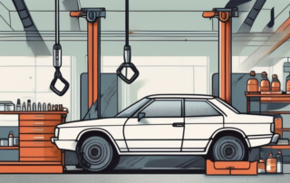 A car on a lift with visible undercarriage rust