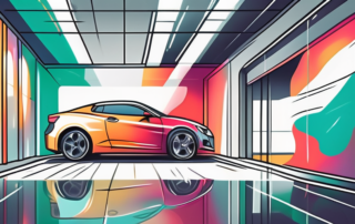 A car in a professional spray booth with vibrant color being applied