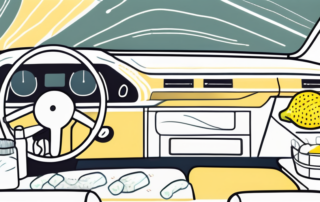 A dashboard of a car with various natural cleaning items like a lemon