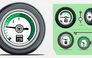 A car tire with a pressure gauge attached to it