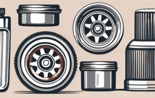 A few aluminum car wheels with various household cleaning items like a toothbrush