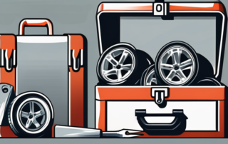 A set of damaged aluminum car wheels next to a toolbox with various repair tools